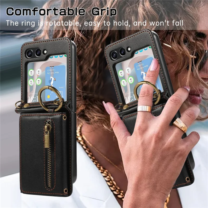 A-One Brand - Galaxy Z Flip7 Plånboksfodral Zipper Kickstand med Axelrem - Svart