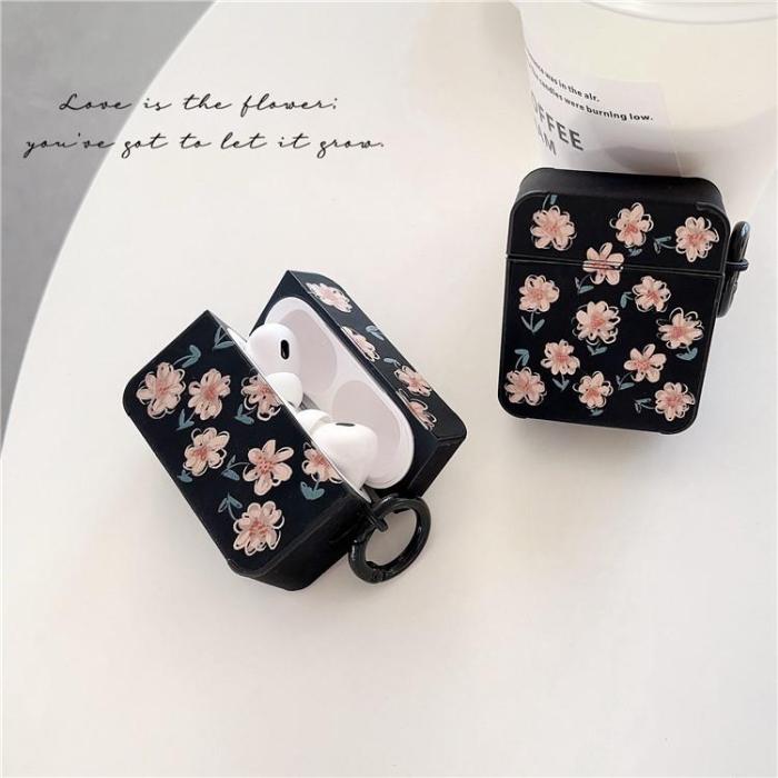 OEM - Airpods Pro 2 Skal TPU Läder Floral - Svart/Rosa