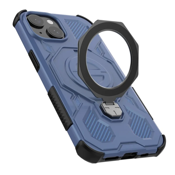 OEM - iPhone 15 Mobilskal Plast Shockproof Med Ställ - Blå