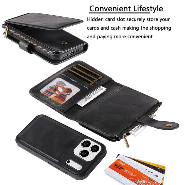 A-One Brand - iPhone 17 Pro Max Plånboksfodral Detachable Zipper - Svart