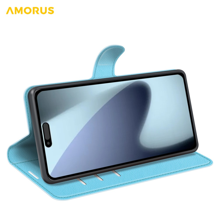 Amorus - AMORUS iPhone 17 Plånboksfodral Flipstativ Litchi - Blå