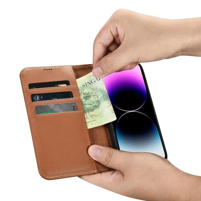 ICARER - iCarer iPhone 14 Pro Max Plånboksfodral 2in1 Anti-RFID Äkta Läder - Brun