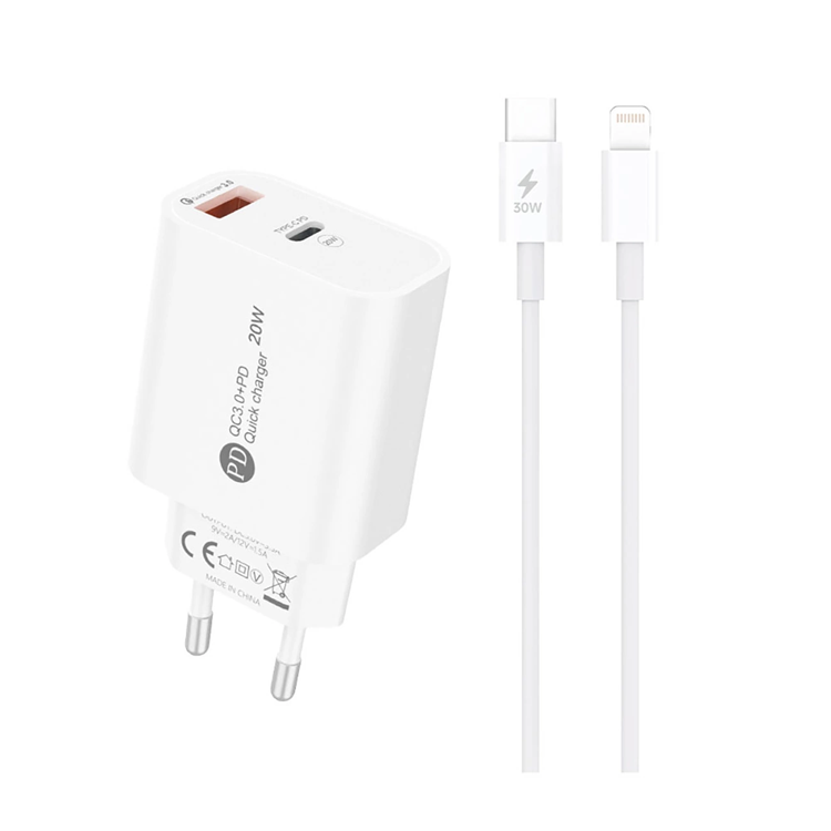 Snabbladdare A6MaxL 20W med USB-C - Lightning 1m Kabel - Vit | 505295 | AlltMobil