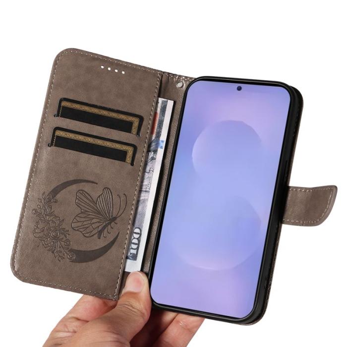 OEM - Samsung Galaxy S26 Plus Skal Fjärilsdesign PU Läder Flip - Grå