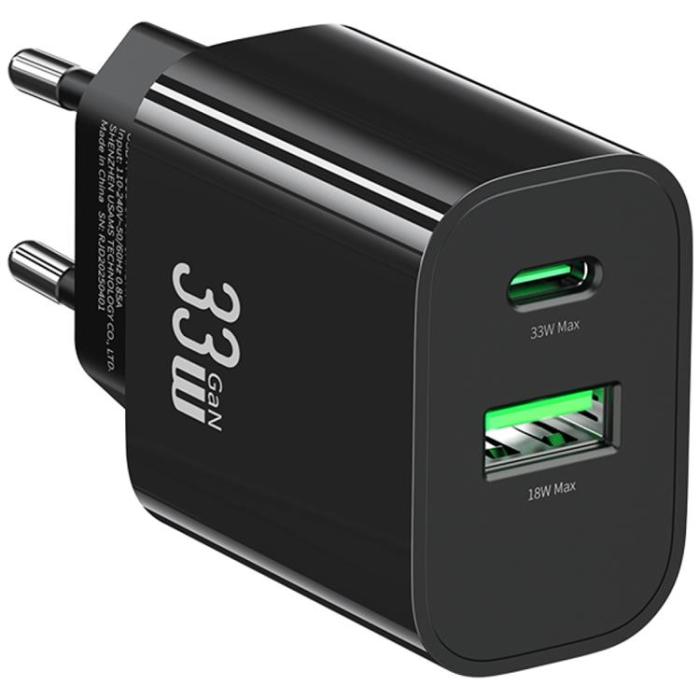 USAMS - USAMS Snabbladdare 33W 1xUSB-C 1xUSB-A CC317 - Svart