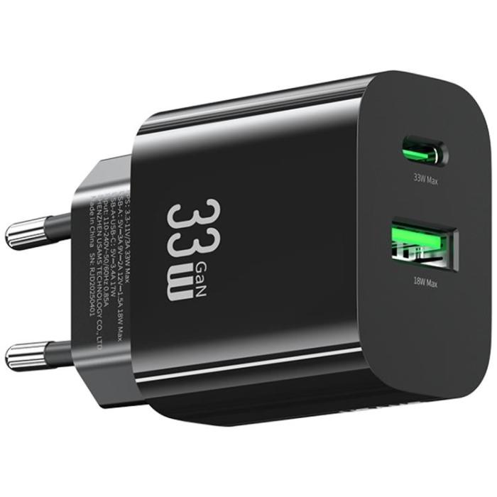 USAMS - USAMS Snabbladdare 33W 1xUSB-C 1xUSB-A CC317 - Svart