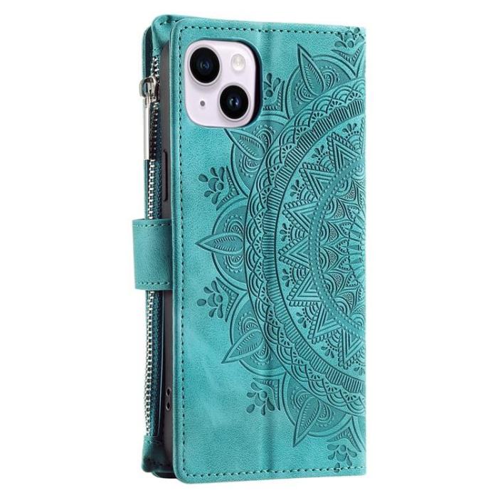 A-One Brand - iPhone 15 Plus Plånboksfodral Mandala Flower Imprinted - Turkos