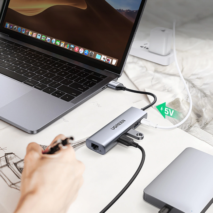 Ugreen - Ugreen 5in1 HUB USB-A Till 1xMicro-USB 1xRJ45 3xUSB-A 3.0 - Grå