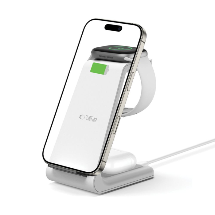 Tech-Protect - Tech-Protect 3-in-1 Trådlös Laddare iPhone, Apple Watch, AirPods - Vit