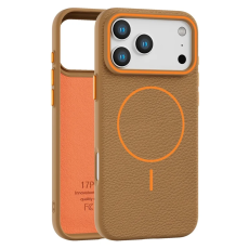 A-One Brand - iPhone 17 Pro Mobilskal Magsafe Litchi Pattern - Guld / Brun