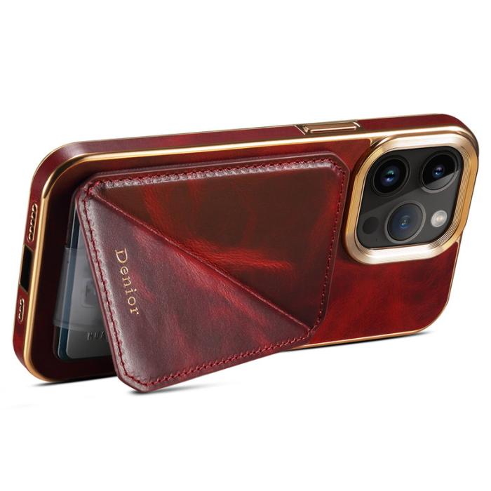 DENIOR - DENIOR iPhone 12 Pro Max Plånboksfodral Kortplats Ställ Waxy Äkta Läder Röd