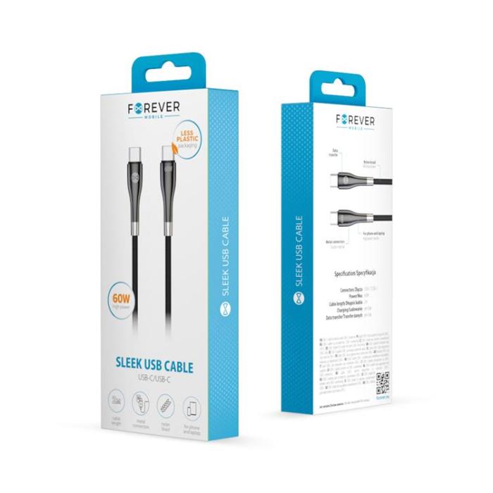 Forever - Forever USB-C Till USB-C Kabel 60W 2m Sleek - Svart