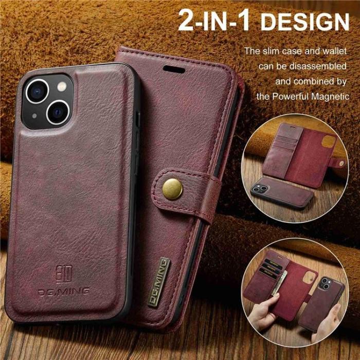 DG.MING - DG.MING iPhone 15 Plus Plånboksfodral Äkta Läder 2in1 - Röd