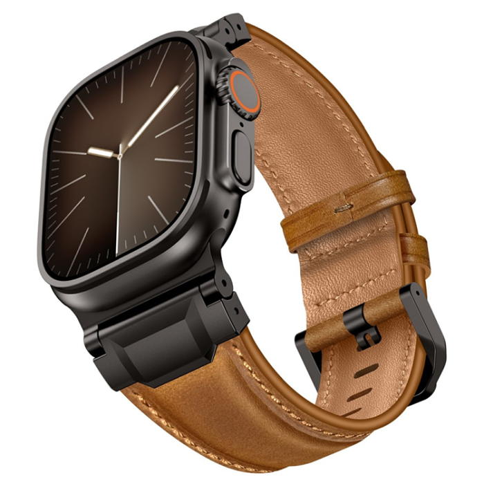A-One Brand - Apple Watch (42/44/45/46/49mm) Armband Cowhide Läder - Mörkbrun/Svart