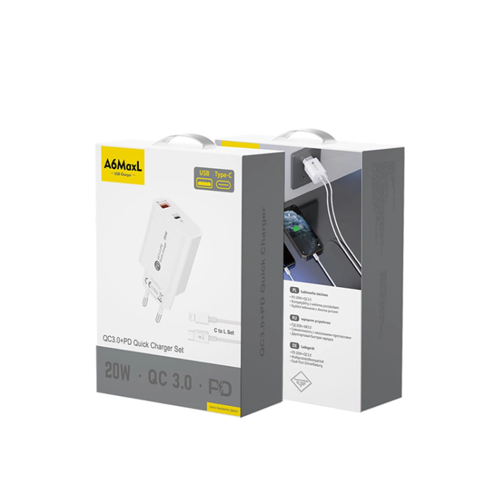 OEM - Snabbladdare A6MaxL 20W med USB-C - Lightning 1m Kabel - Vit