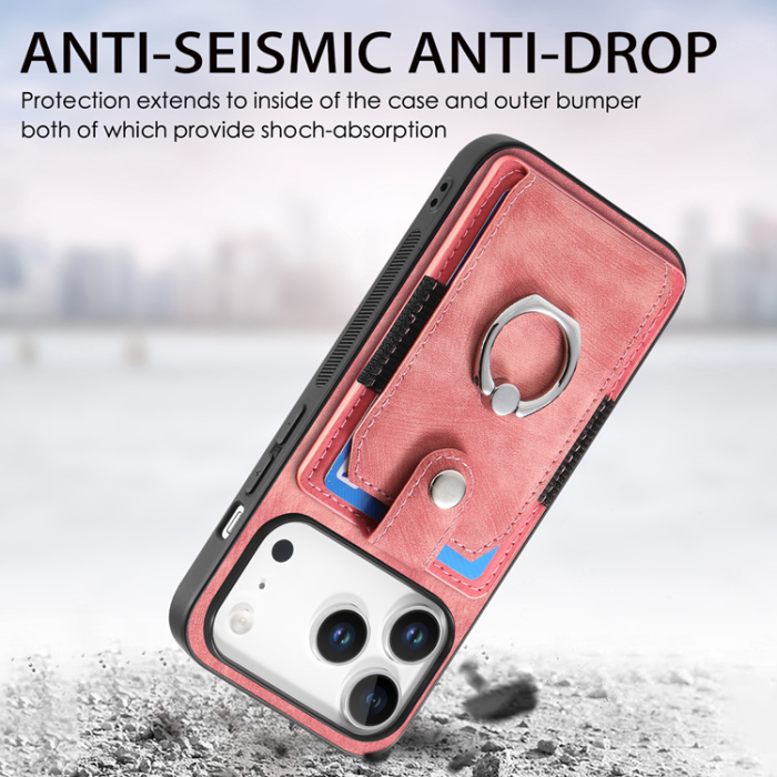 A-One Brand - iPhone 17 Pro Mobilskal med Korthållare Läder Kickstand - Rosa