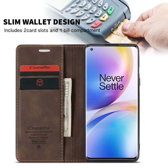 Caseme - CASEME Auto-absorberande Plånboksfodral Konstläder OnePlus 8 Pro - Brun