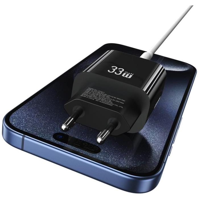 USAMS - USAMS Snabbladdare 33W 1xUSB-C 1xUSB-A CC317 - Svart