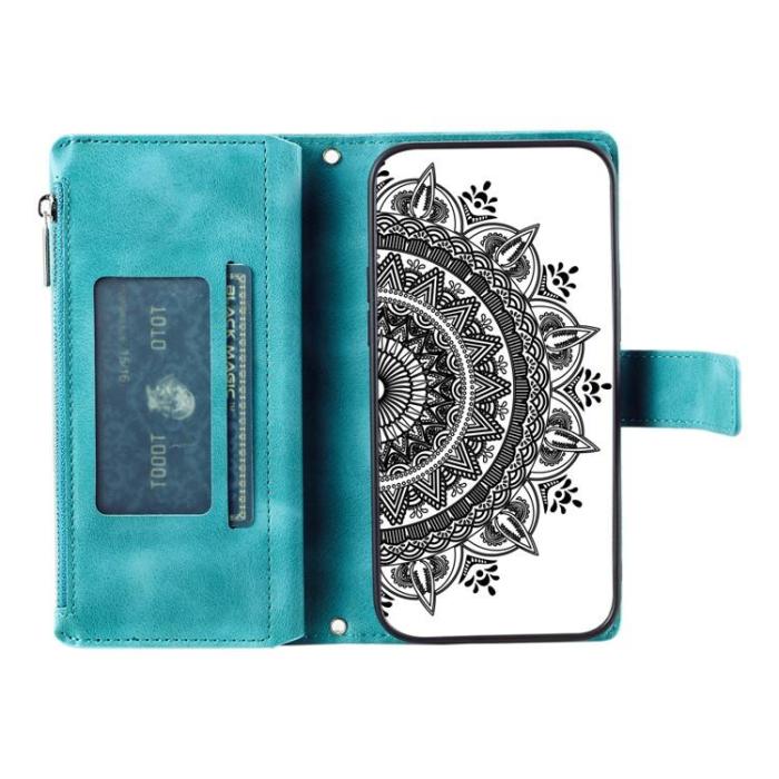 A-One Brand - iPhone 15 Plus Plånboksfodral Mandala Flower Imprinted - Turkos