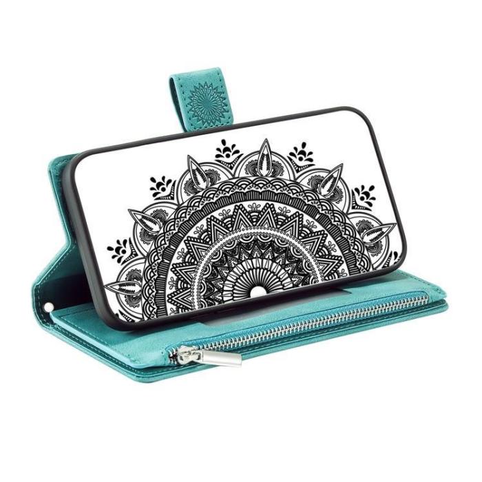 A-One Brand - iPhone 15 Plus Plånboksfodral Mandala Flower Imprinted - Turkos