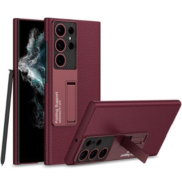 GKK Galaxy S23 Ultra Mobilskal Kickstand PU-Läder - Vinröd | 2353 | AlltMobil