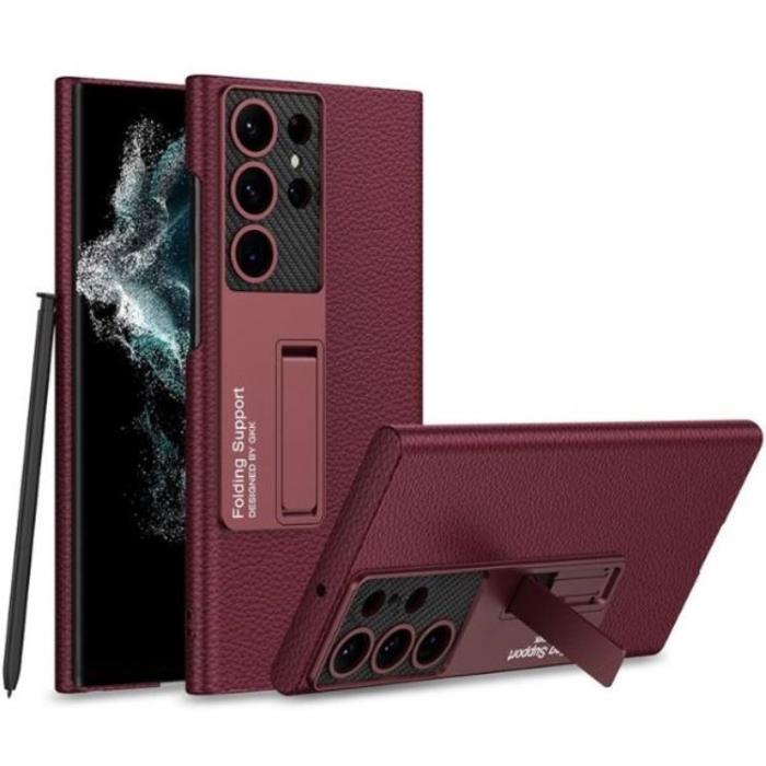 GKK - GKK Galaxy S23 Ultra Mobilskal Kickstand PU-Läder - Vinröd