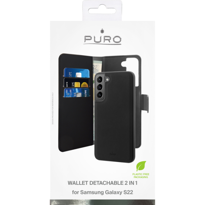 UTGATT - Puro Detachable Läder Fodral Galaxy S22 - Svart