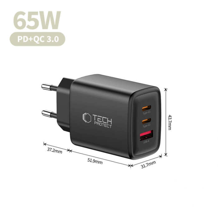 Tech-Protect - Tech-Protect 3-Port Snabbladdare PD 65W QC3.0 NCA65W-GAN