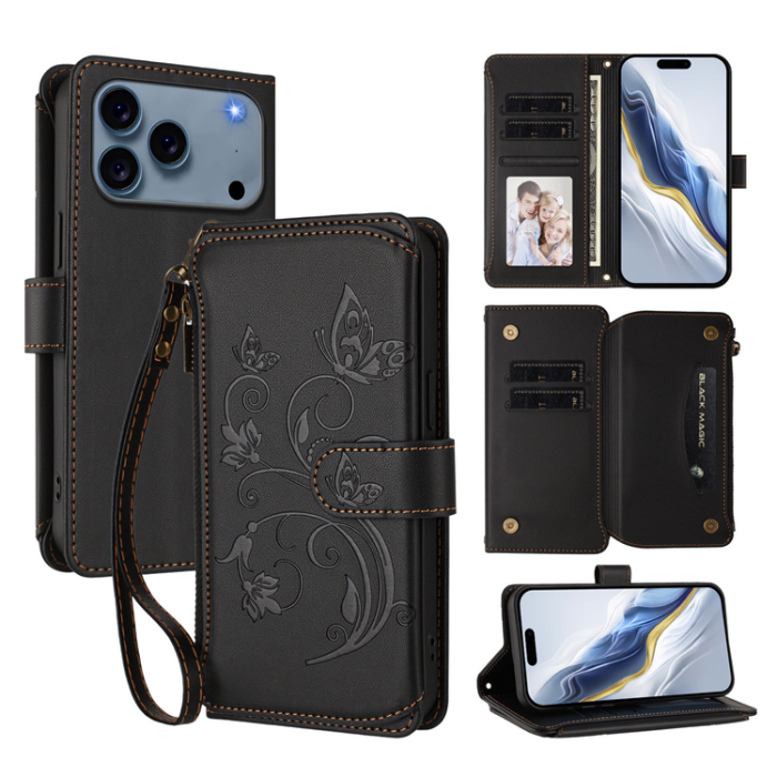 A-One Brand - iPhone 17 Pro Max Plånboksfodral Butterfly Floral Imprint - Svart