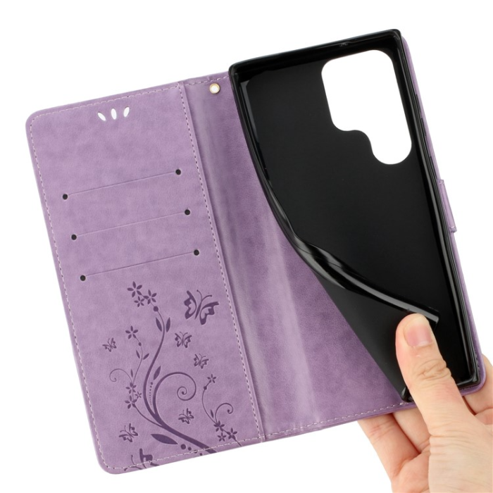 A-One Brand - Galaxy S23 Ultra Plånboksfodral Imprinting Flower Butterfly - Lila