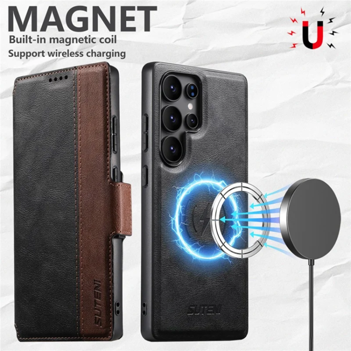 SUTENI - SUTENI Galaxy S23 Ultra Plånboksfodral Magsafe Cowhide - Svart