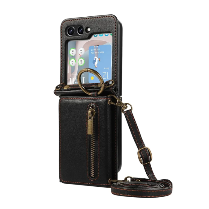 A-One Brand - Galaxy Z Flip7 Plånboksfodral Zipper Kickstand med Axelrem - Svart