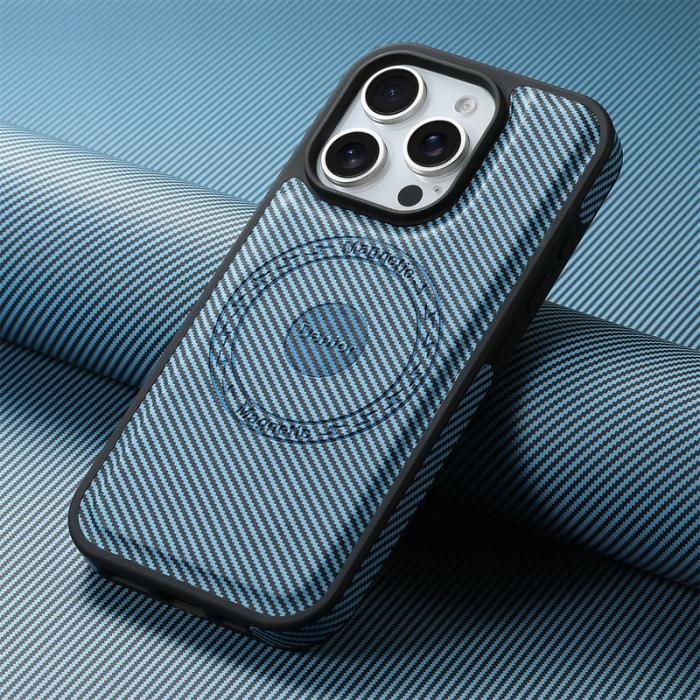 DENIOR - DENIOR Mobilskal till iPhone 16 Pro Max Äkta Läder Kolfiber Blå
