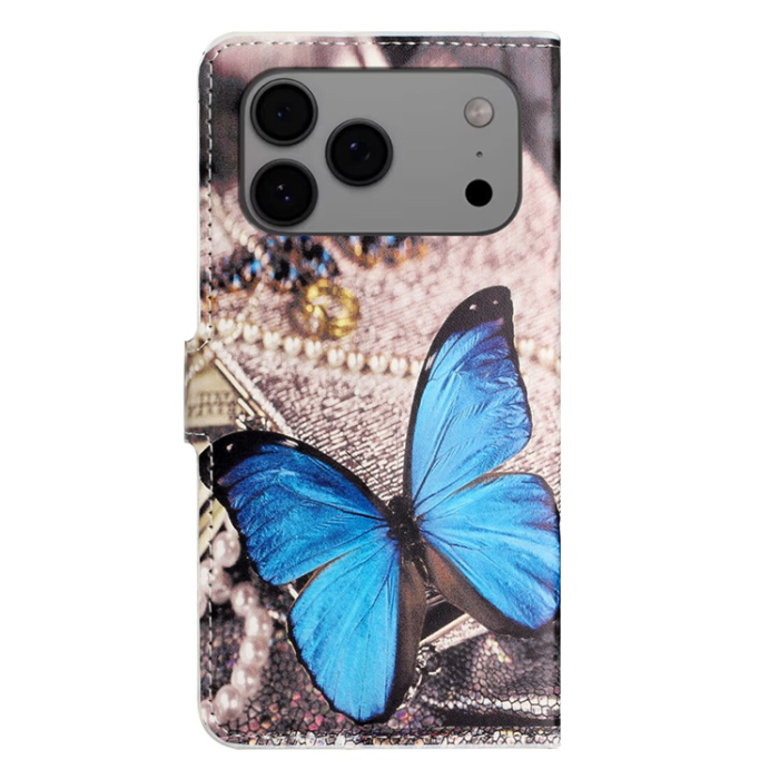 A-One Brand - iPhone 17 Pro Plånboksfodral Pattern Print Läder - Blå Fjäril