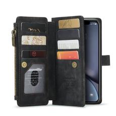 Caseme - CASEME Konstl&auml;der Pl&aring;nboksfodral f&ouml;r iPhone XR med Rem och Flera Kort - Svart