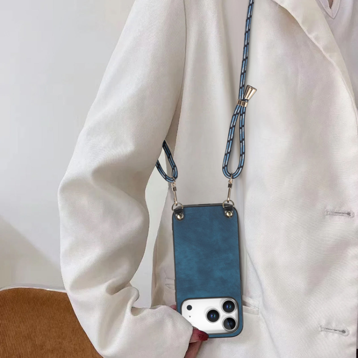 A-One Brand - iPhone 17 Pro Mobilskal med Justerbar Rem Retro Läder - Blå