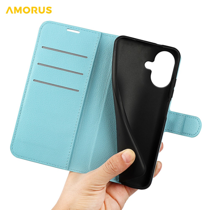 Amorus - AMORUS iPhone 17 Plånboksfodral Flipstativ Litchi - Blå