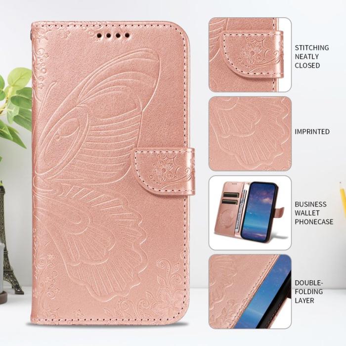 OEM - Samsung Galaxy S26 Plus Skal Fjärilsmönster PU Läder - Roséguld