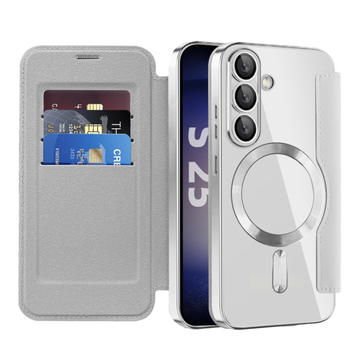 A-One Brand - Galaxy S25 Plus Plånboksfodral MagSafe RFID Blocking - Silver