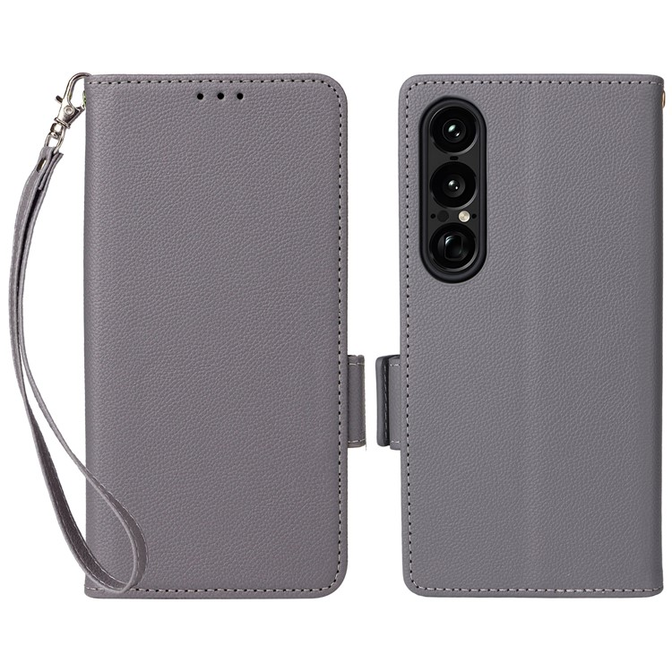 Sony Xperia 1 VII Plånboksfodral Litchi Texture Med Rem - Grå | 2353 | AlltMobil