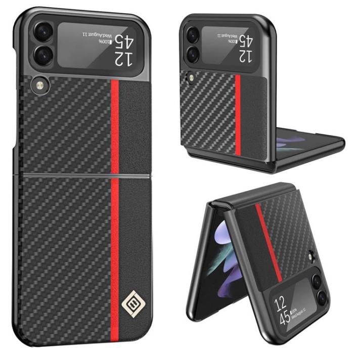 LC.imeeke - LC.IMEEKE Galaxy Z Flip 4 Skal Carbon Fiber Läder - Svart