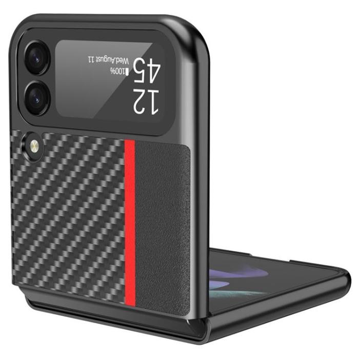 LC.imeeke - LC.IMEEKE Galaxy Z Flip 4 Skal Carbon Fiber Läder - Svart