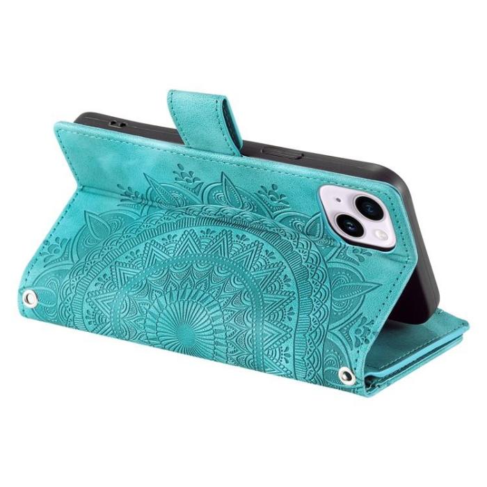 A-One Brand - iPhone 15 Plus Plånboksfodral Mandala Flower Imprinted - Turkos