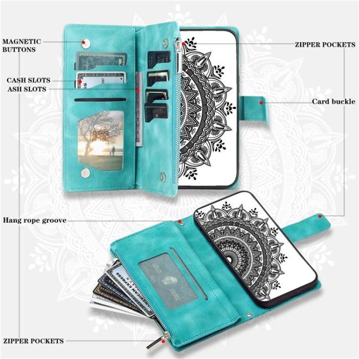 A-One Brand - iPhone 15 Plus Plånboksfodral Mandala Flower Imprinted - Turkos