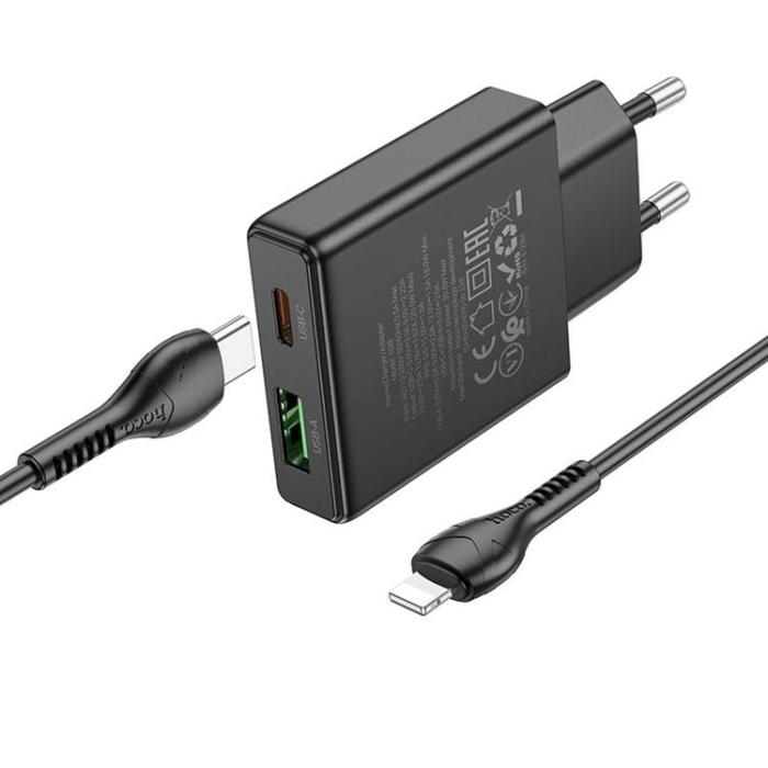 Hoco - Hoco Snabbladdare PD 20W USB-A USB-C QC3.0 3A med Lightning Kabel N38