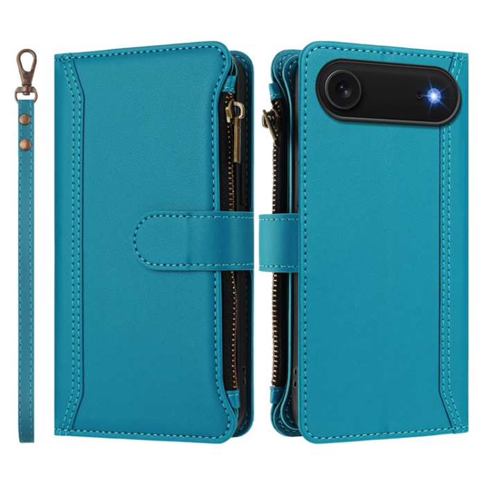 A-One Brand - iPhone 17 Air Plånboksfodral Zipper Med Rem - Sjöblå