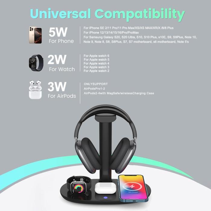 OEM - 4-i-1 15W Trådlös Laddare Qi för Apple Watch, AirPods, Mobiltelefon