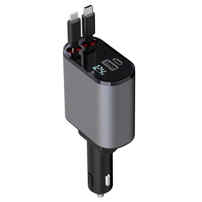 OEM - 4-i-1 Digital Display Dubbelport Snabbladdare Billaddare med iP + Type-C Kabel