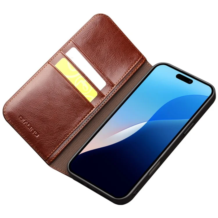 QIALINO - Qialino iPhone 16 Pro Max Plånboksfodral Äkta Läder - Brun