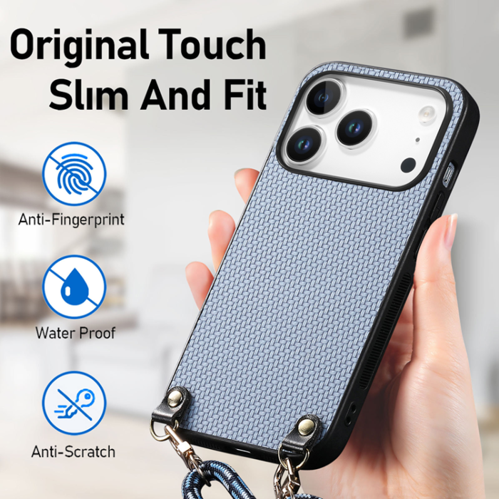 A-One Brand - iPhone 17 Pro Mobilskal Med Axelrem Snodd Carbon Fiber - Blå